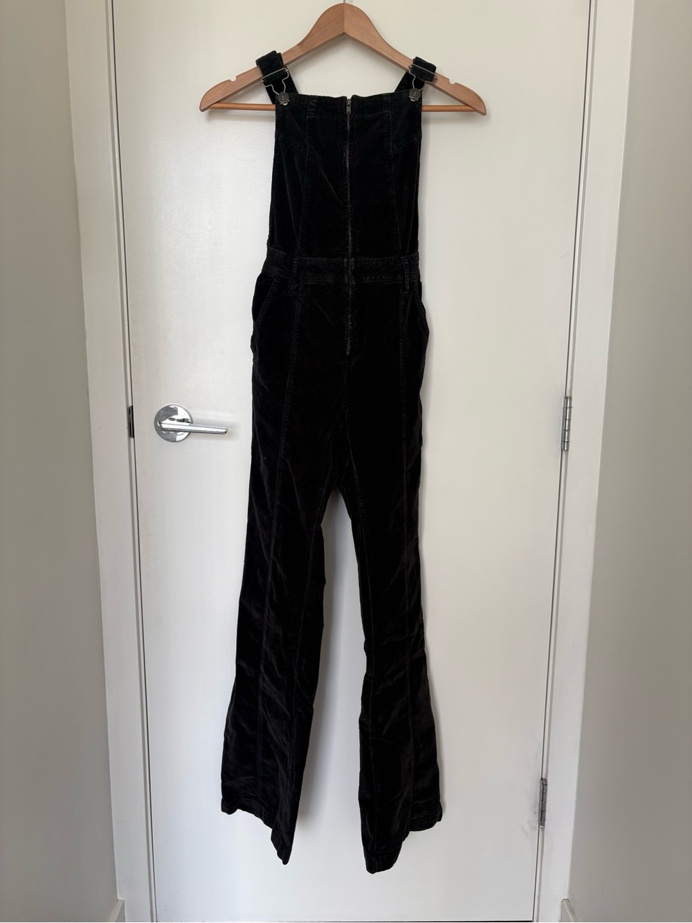 Free People Black Velvet Camilla Slim Bootcut Overalls Size XS